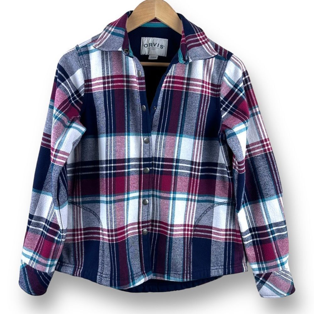 Orvis‎ red and blue plaid flannel shacket with fleece inside size XS